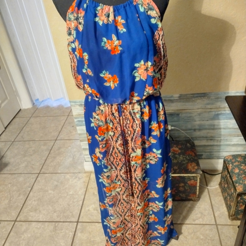 Blue Floral Bohemian Layered Maxi Dress with Low Cut Back